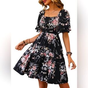 Boho L Floral Print Ruched Dress Short Flare Sleeve Square Neck Ruffle Hem